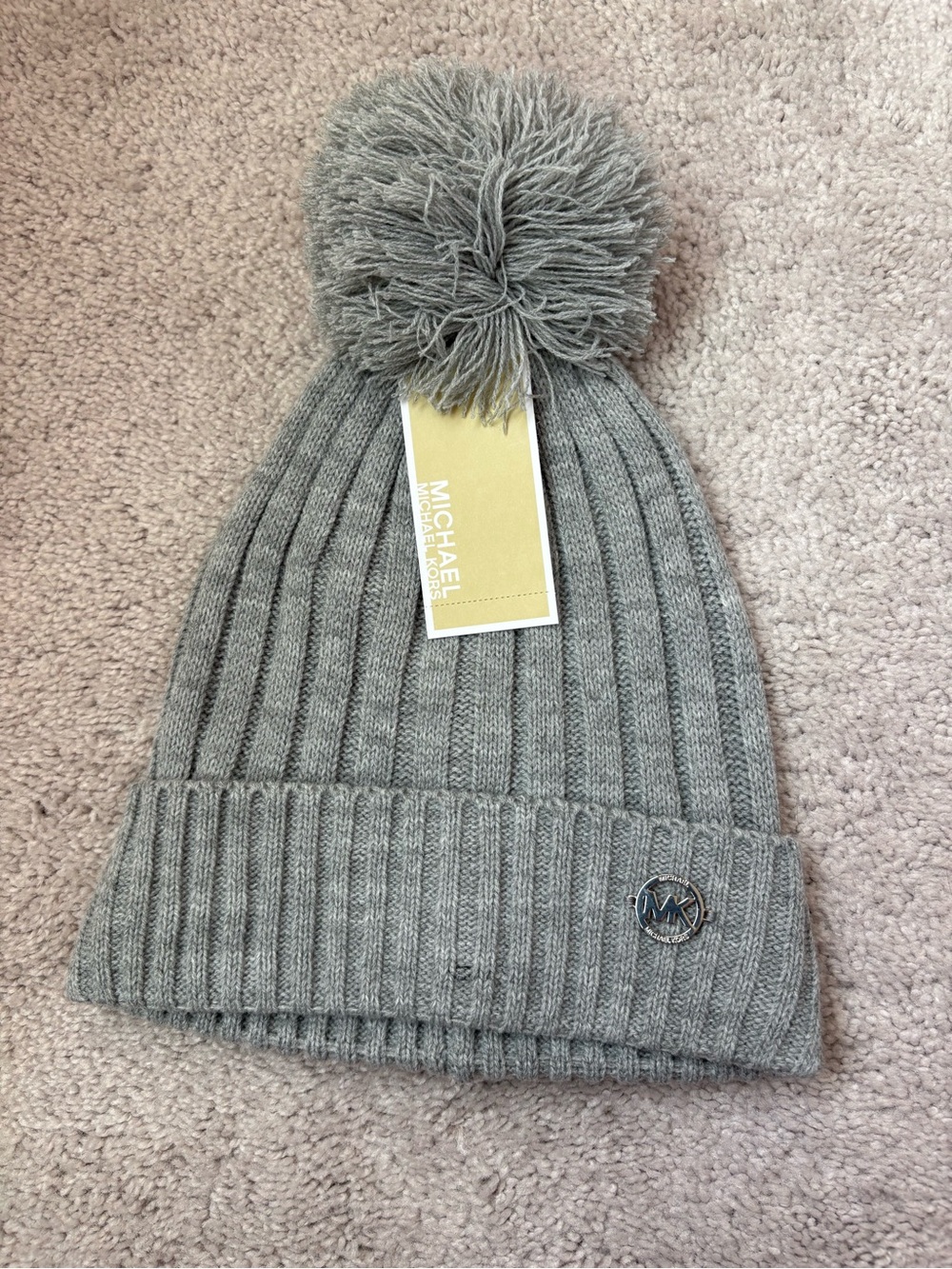 Michael Kors Light Gray Ribbed Pom-Pom Knit Hat